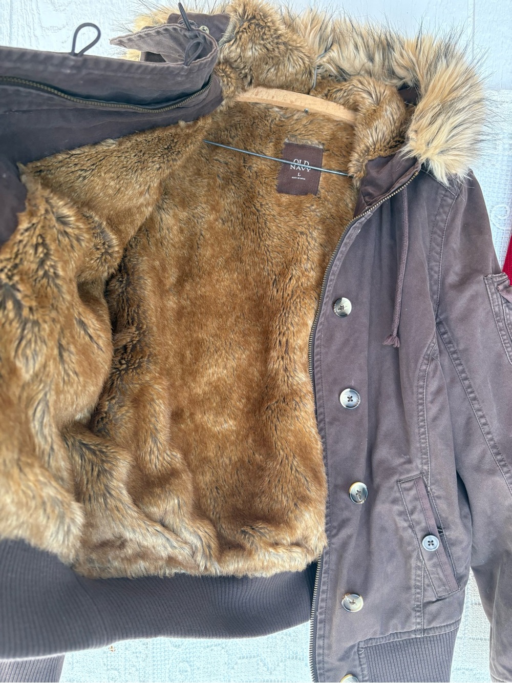 Y2K Brown Faux-Fur Lined Hooded Jacket Old Navy Large fits smaller - Picture 5 of 16